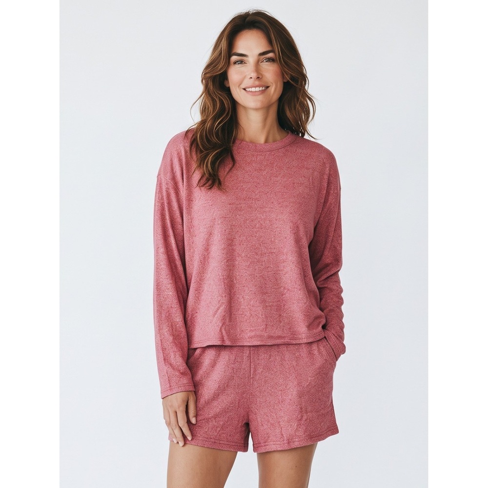 Zenana Womens Rose Heather Long Sleeve Top and Shorts Lounge Set 2 Piece Medium